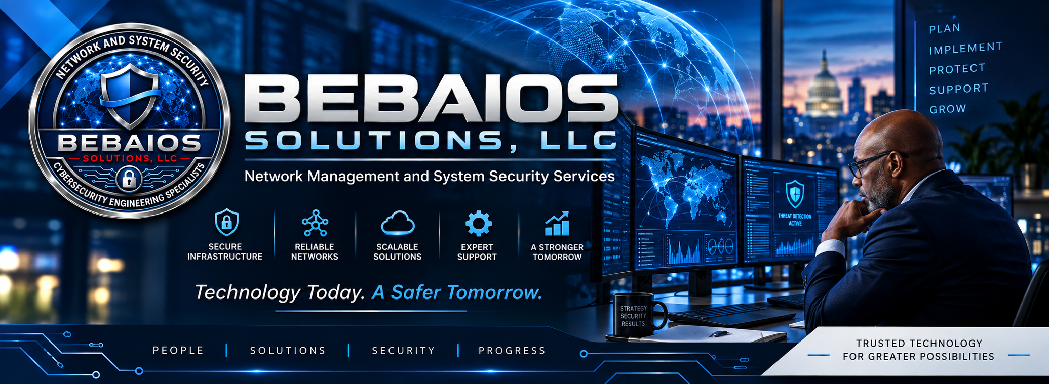 Bebaios Solutions medallion with a shield and connected globe, beside a cybersecurity operations workspace. Network Management and System Security Services.
